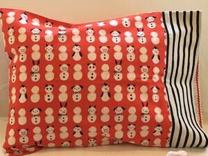 Handmade Toddler Pillowcase: Red Snowmen & Animals, 100% Cotton (21x14")